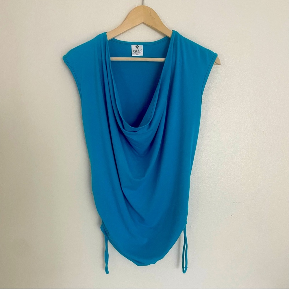 NUX Yoga Top Blue W/ Drawstring Sides & Cowl Neckline Small Athlesuire Soft Luxe